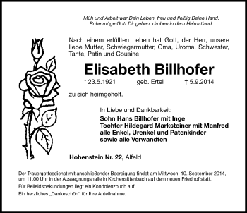 Traueranzeige von Elisabeth Billhofer von Hersbrucker Zeitung
